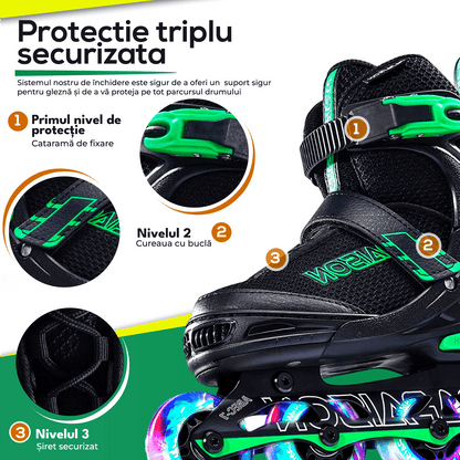 Role Reglabile S 28-32, Roți Luminoase Silicon, Rulmenți ABEC-7, Verde