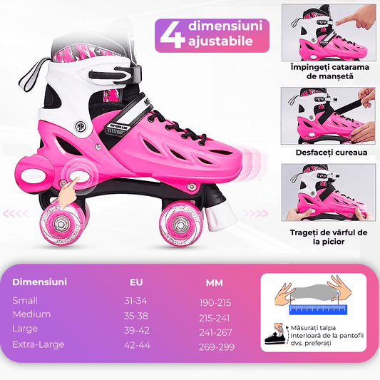 Role Reglabile M 33-36, Roți Luminoase Silicon, Rulmenți ABEC-7, Roz