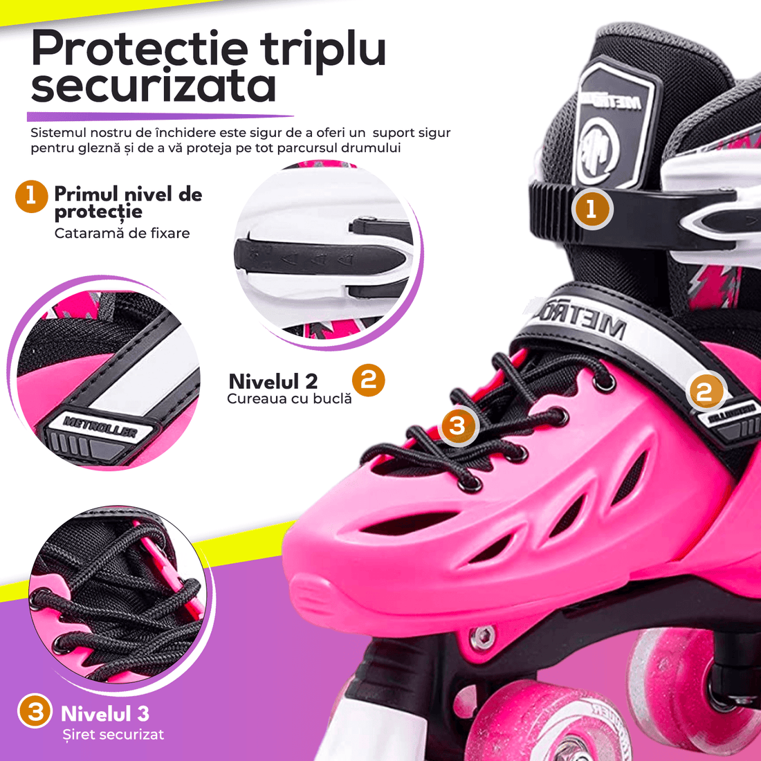 Role Reglabile S 28-32, Roți Luminoase Silicon, Rulmenți ABEC-7, Roz