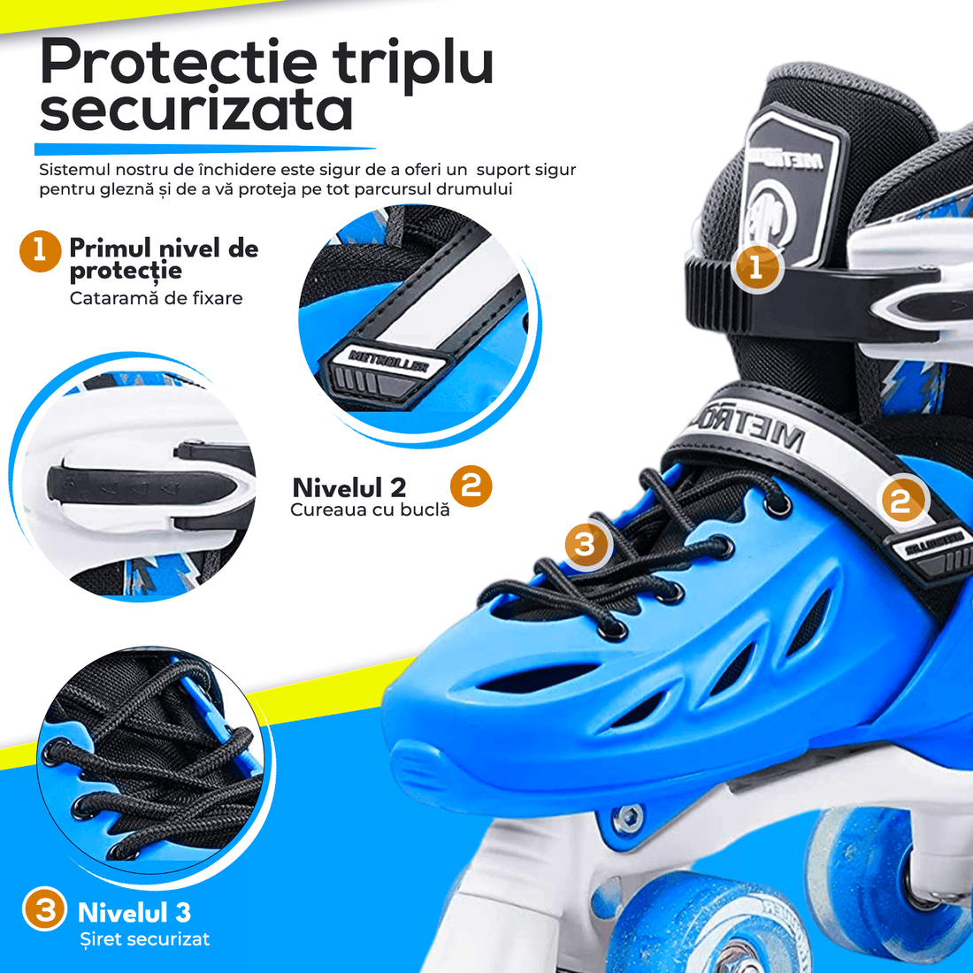 Role Reglabile S 28-32, Roți Luminoase Silicon, Rulmenți ABEC-7, Albastru