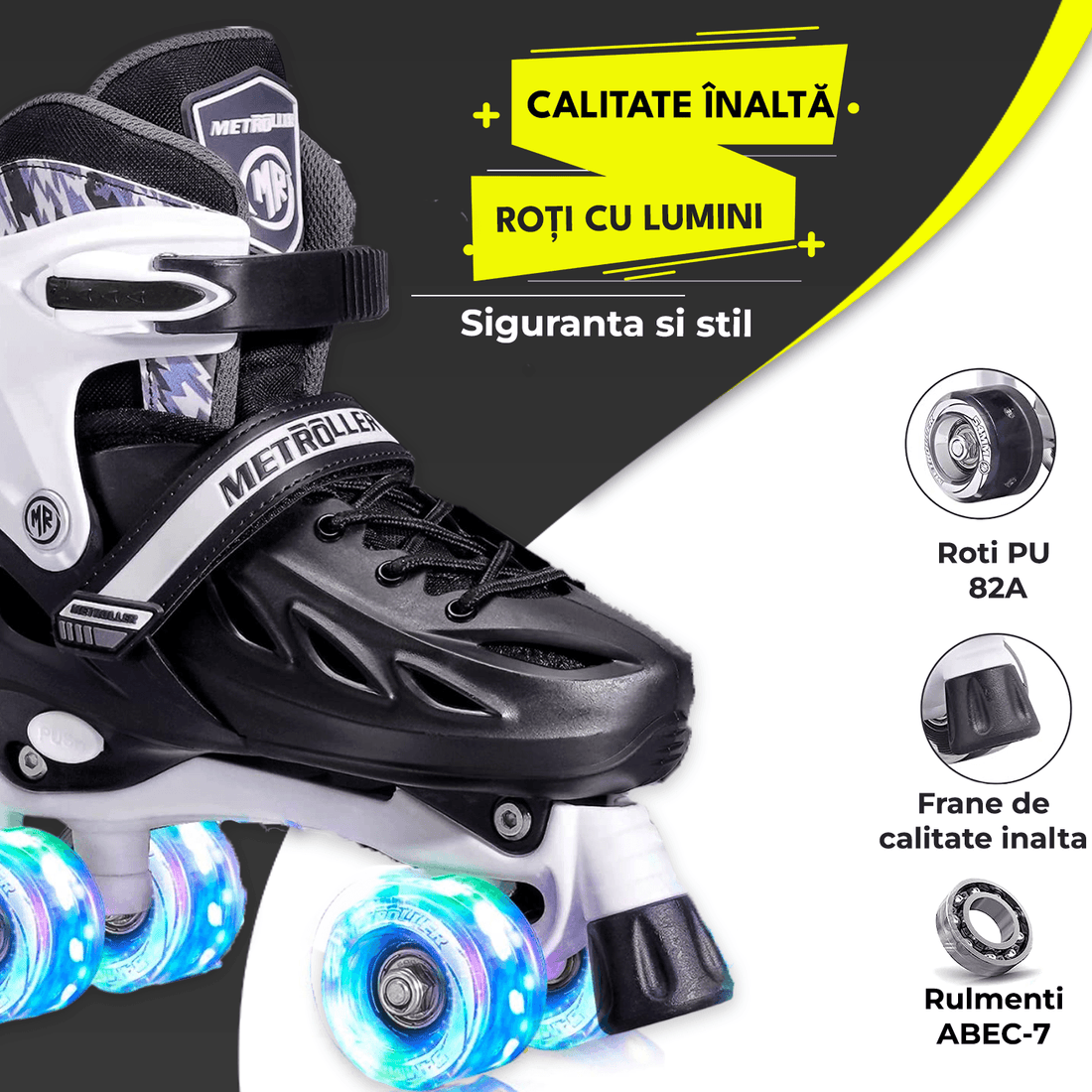 Role Reglabile S 28-32, Roți Luminoase Silicon, Rulmenți ABEC-7, Negru