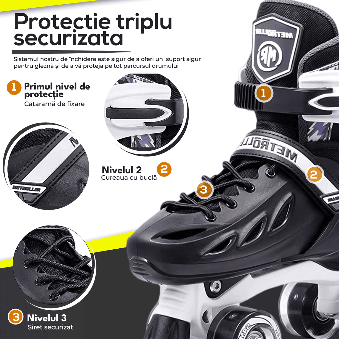 Role Reglabile M 33-36, Roți Luminoase Silicon, Rulmenți ABEC-7, Negru