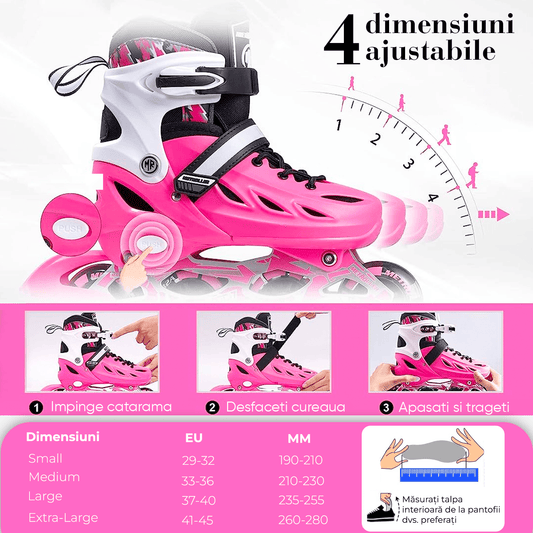 Role Reglabile S 29-32, Roți Luminoase Silicon, Rulmenți ABEC-7, Roz