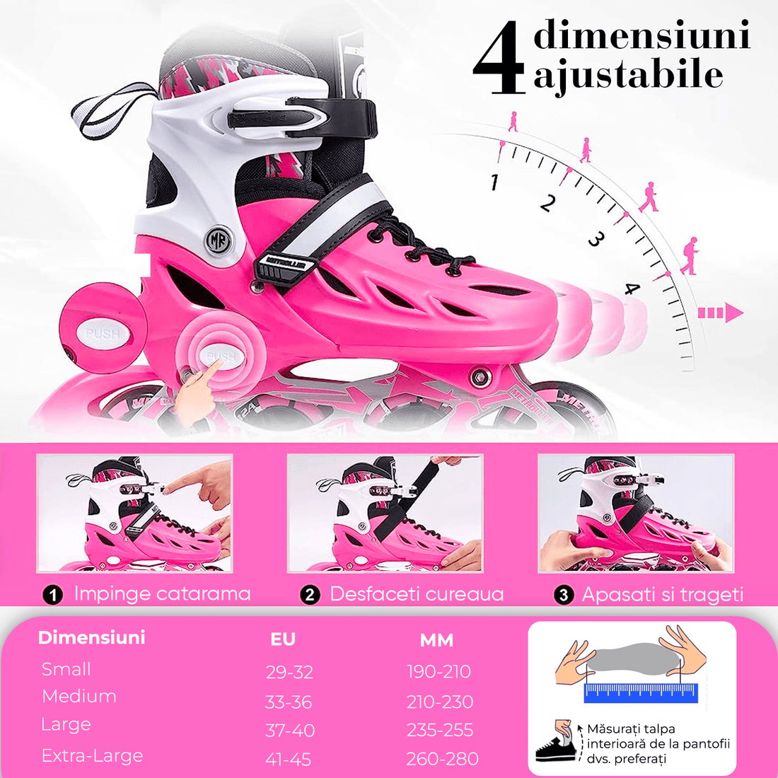 Role Reglabile M 33-36, Roți Luminoase Silicon, Rulmenți ABEC-7, Roz