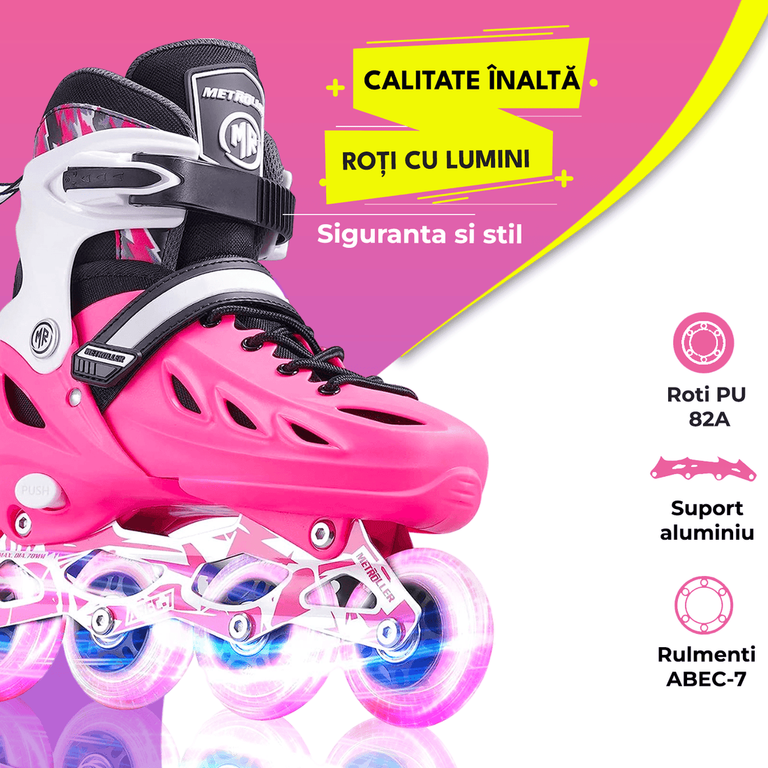 Role Reglabile S 29-32, Roți Luminoase Silicon, Rulmenți ABEC-7, Roz