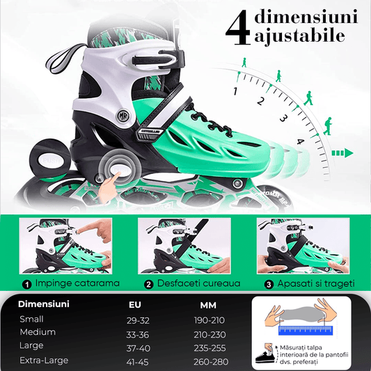 Role Reglabile L 37-40, Roți Luminoase Silicon, Rulmenți ABEC-7, Verde