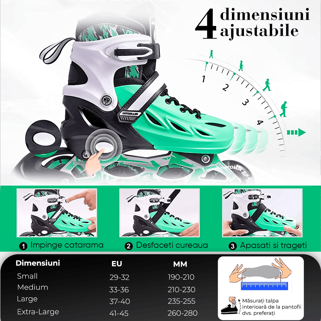 Role Reglabile M 33-36, Roți Luminoase Silicon, Rulmenți ABEC-7, Verde