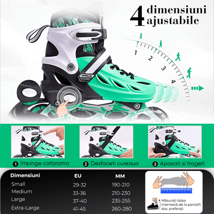 Role Reglabile M 33-36, Roți Luminoase Silicon, Rulmenți ABEC-7, Verde