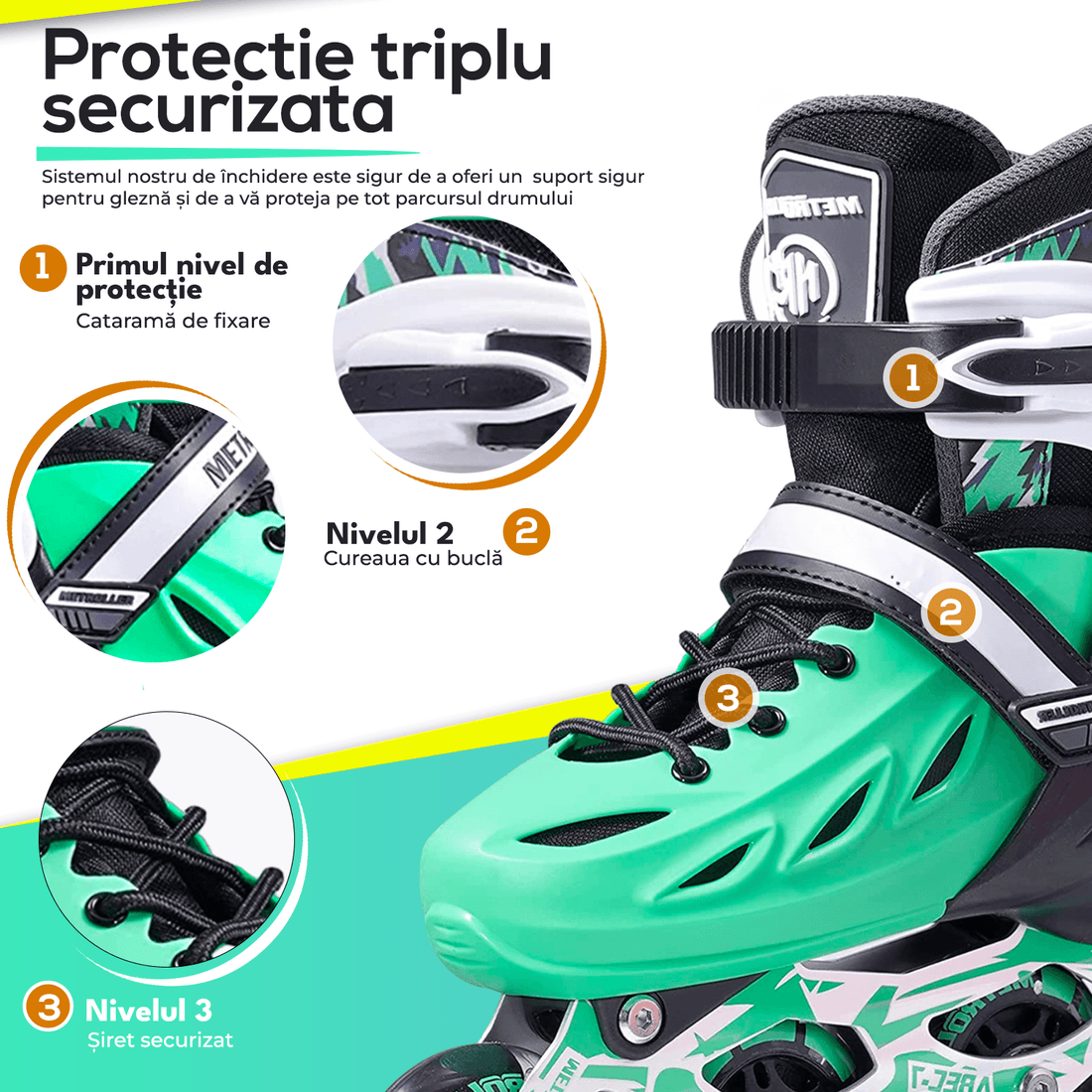 Role Reglabile M 33-36, Roți Luminoase Silicon, Rulmenți ABEC-7, Verde