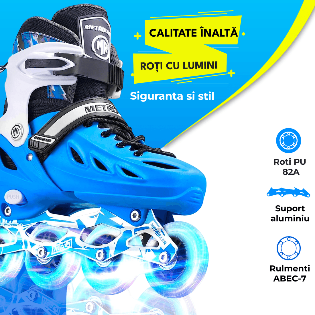 Role Reglabile S 29-32, Roți Luminoase Silicon, Rulmenți ABEC-7, Albastru