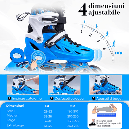 Role Reglabile M 33-36, Roți Luminoase Silicon, Rulmenți ABEC-7, Albastru