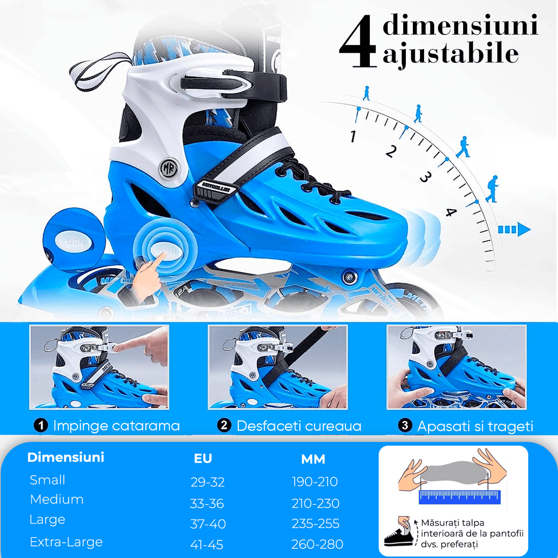 Role Reglabile S 29-32, Roți Luminoase Silicon, Rulmenți ABEC-7, Albastru