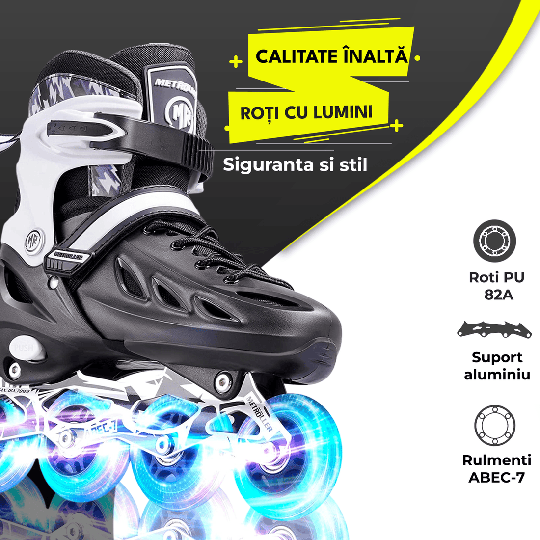 Role Reglabile M 33-36, Roți Luminoase Silicon, Rulmenți ABEC-7, Negru