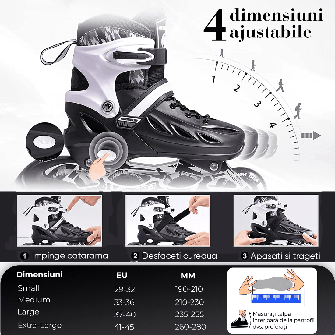 Role Reglabile M 33-36, Roți Luminoase Silicon, Rulmenți ABEC-7, Negru