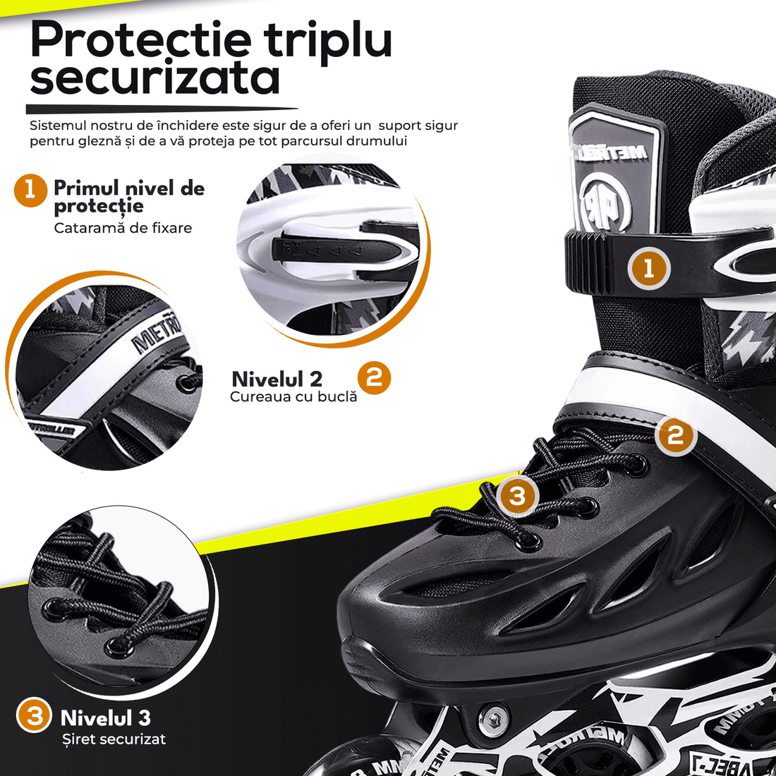 Role Reglabile S 29-32, Roți Luminoase Silicon, Rulmenți ABEC-7, Negru