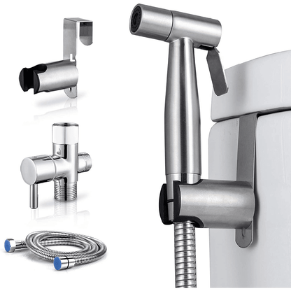 Set Duș Igienic pentru Igiena Intimă, Baterie Bideu și WC, Oțel Inoxidabil, Para + Furtun + Baterie + Agățătoare, Presiune Reglabilă, Filet G1/2, Argintiu
