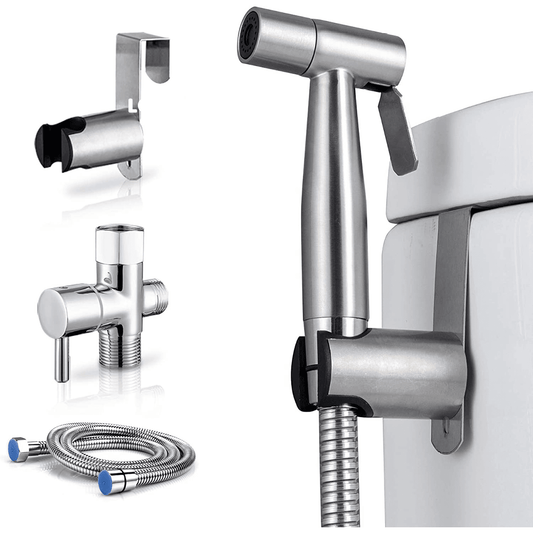 Set Duș Igienic pentru Igiena Intimă, Baterie Bideu și WC, Oțel Inoxidabil, Para + Furtun + Baterie + Agățătoare, Presiune Reglabilă, Filet G1/2, Argintiu