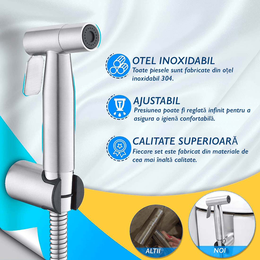 Set Duș Igienic pentru Igiena Intimă, Baterie Bideu și WC, Oțel Inoxidabil, Para + Furtun + Baterie + Agățătoare, Presiune Reglabilă, Filet G1/2, Argintiu