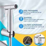 Set Duș Igienic pentru Igiena Intimă, Baterie Bideu și WC, Oțel Inoxidabil, Para + Furtun + Baterie + Agățătoare, Presiune Reglabilă, Filet G1/2, Argintiu