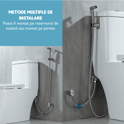 Set Duș Igienic pentru Igiena Intimă, Baterie Bideu și WC, Oțel Inoxidabil, Para + Furtun + Baterie + Agățătoare, Presiune Reglabilă, Filet G1/2, Argintiu