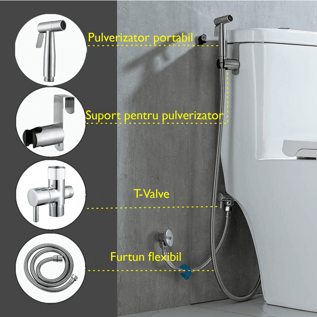 Set Duș Igienic pentru Igiena Intimă, Baterie Bideu și WC, Oțel Inoxidabil, Para + Furtun + Baterie + Agățătoare, Presiune Reglabilă, Filet G1/2, Argintiu