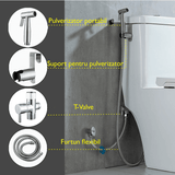 Set Duș Igienic pentru Igiena Intimă, Baterie Bideu și WC, Oțel Inoxidabil, Para + Furtun + Baterie + Agățătoare, Presiune Reglabilă, Filet G1/2, Argintiu