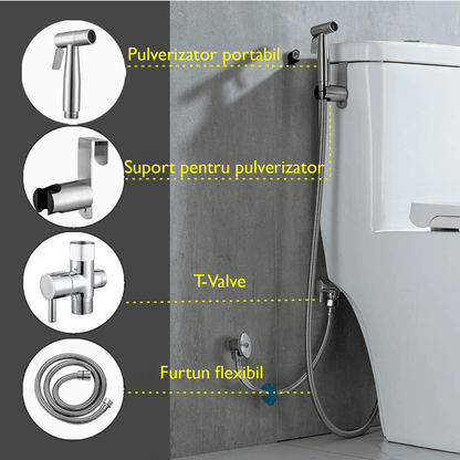 Set Duș Igienic pentru Igiena Intimă, Baterie Bideu și WC, Oțel Inoxidabil, Para + Furtun + Baterie + Agățătoare, Presiune Reglabilă, Filet G1/2, Argintiu