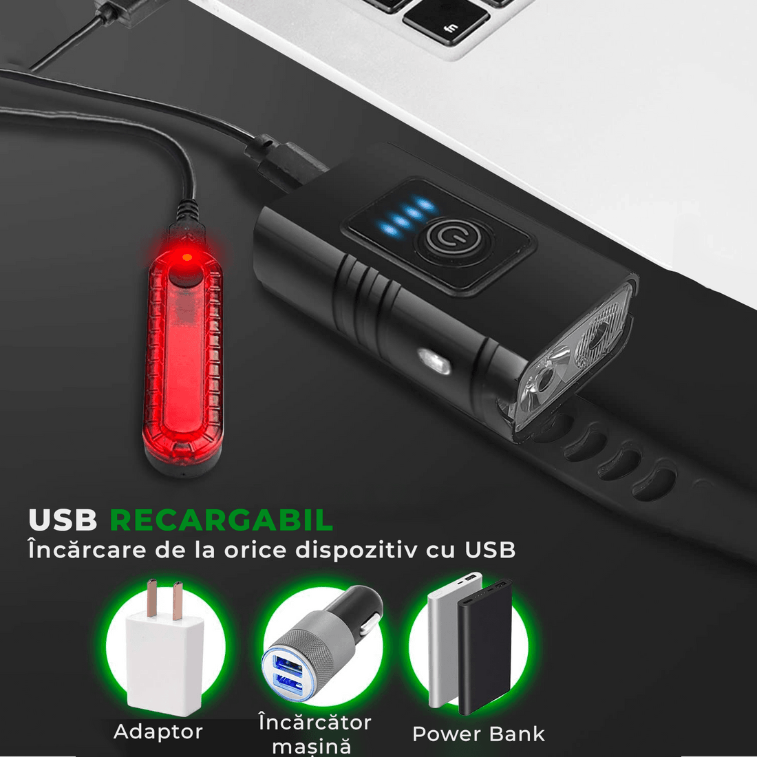 Set Far Față și Spate, 6+4 Moduri, USB Reîncărcabil, Acumulator 2400mAh, Rezistent la Apă, Alb/Roșu