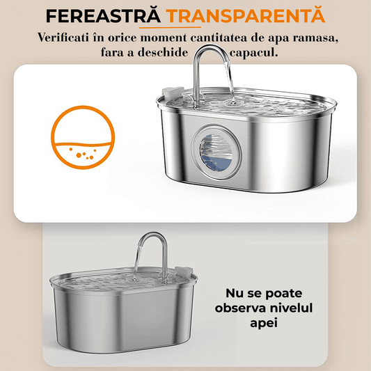 Dispenser Apă Automat pentru Pisici și Câini, 3.2L, Oțel Inoxidabil, Filtrare Activă, Fereastră Nivel Apă, Argintiu