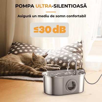Dispenser Apă Automat pentru Pisici și Câini, 3.2L, Oțel Inoxidabil, Filtrare Activă, Fereastră Nivel Apă, Argintiu