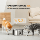 Dispenser Apă Automat pentru Pisici și Câini, 3.2L, Oțel Inoxidabil, Filtrare Activă, Fereastră Nivel Apă, Argintiu