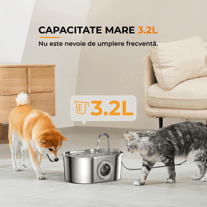 Dispenser Apă Automat pentru Pisici și Câini, 3.2L, Oțel Inoxidabil, Filtrare Activă, Fereastră Nivel Apă, Argintiu