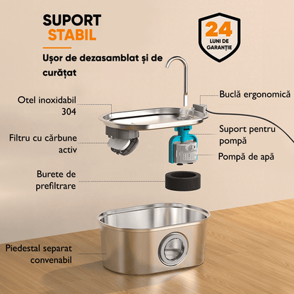 Dispenser Apă Automat pentru Pisici și Câini, 3.2L, Oțel Inoxidabil, Filtrare Activă, Fereastră Nivel Apă, Argintiu