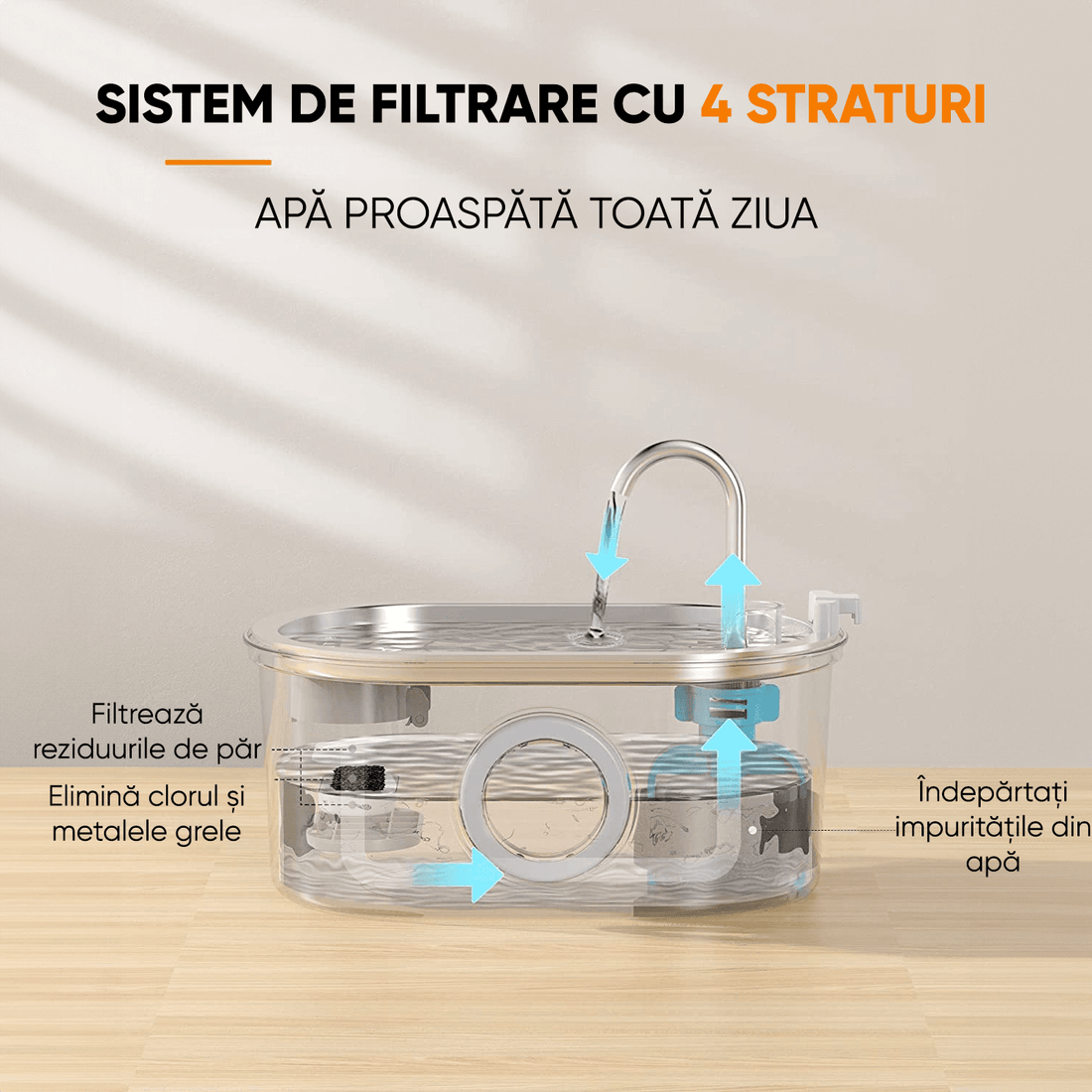 Dispenser Apă Automat pentru Pisici și Câini, 3.2L, Oțel Inoxidabil, Filtrare Activă, Fereastră Nivel Apă, Argintiu