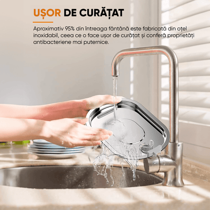 Dispenser Apă Automat pentru Pisici și Câini, 3.2L, Oțel Inoxidabil, Filtrare Activă, Fereastră Nivel Apă, Argintiu