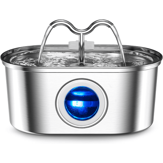 Dispenser Apă Automat pentru Pisici și Câini, Oțel Inoxidabil, 3.2L, Filtrare Activă, Circulație Dublă, Fereastră Nivel Apă, Argintiu