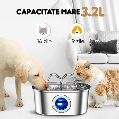 Dispenser Apă Automat pentru Pisici și Câini, Oțel Inoxidabil, 3.2L, Filtrare Activă, Circulație Dublă, Fereastră Nivel Apă, Argintiu