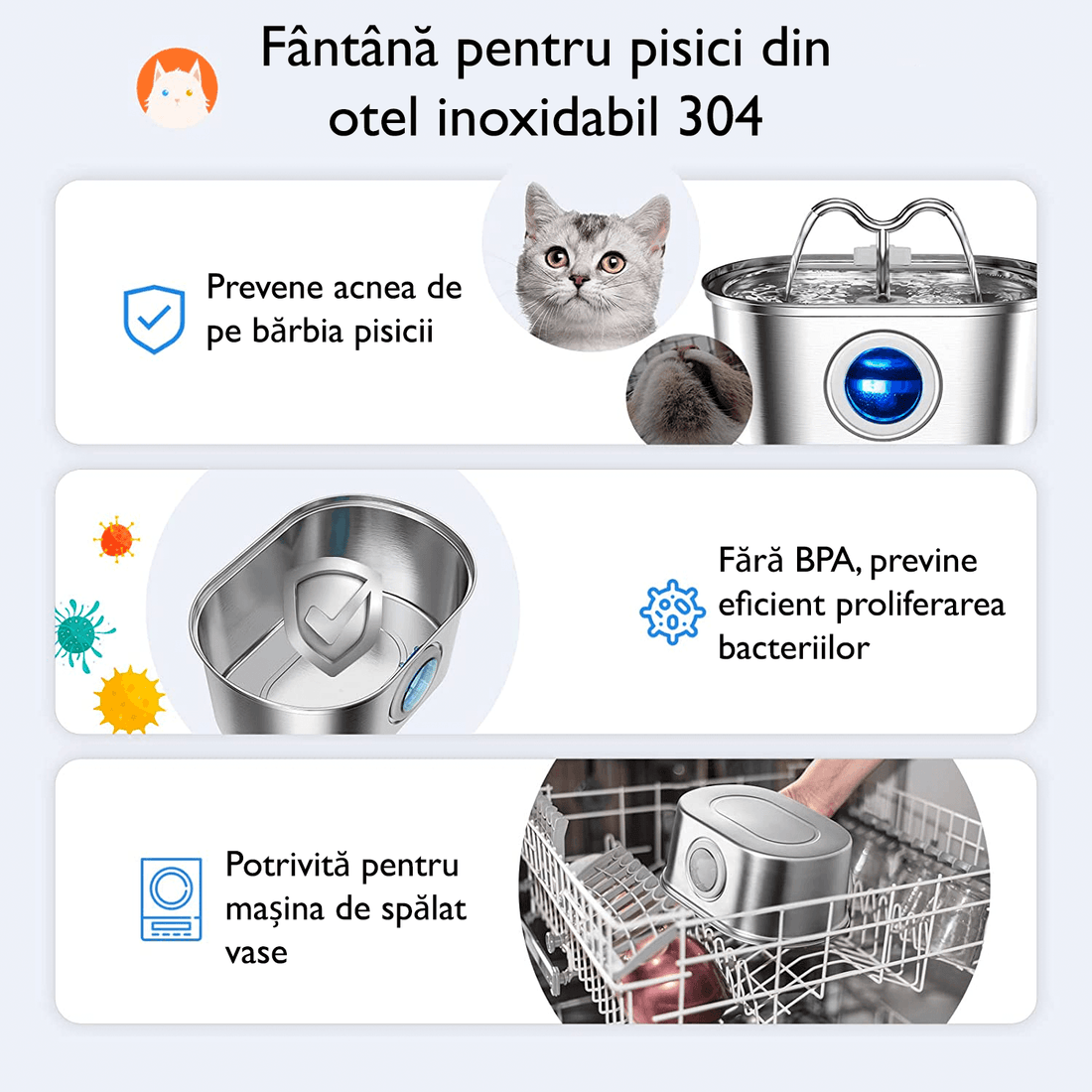 Dispenser Apă Automat pentru Pisici și Câini, Oțel Inoxidabil, 3.2L, Filtrare Activă, Circulație Dublă, Fereastră Nivel Apă, Argintiu