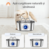 Dispenser Apă Automat pentru Pisici și Câini, Oțel Inoxidabil, 3.2L, Filtrare Activă, Circulație Dublă, Fereastră Nivel Apă, Argintiu