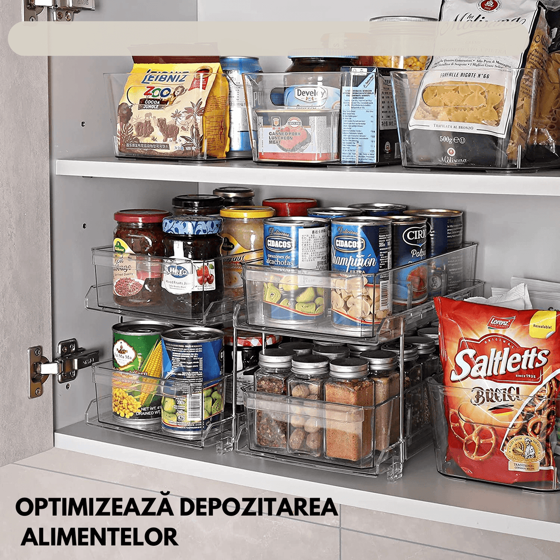 Organizator Universal Elindor®, Recipient Sertar Glisant Multifunctional 2 Nivele si Separatoare, Ideal Pentru Baie, Bucatarie, Camara, Dulap Sub Chiuveta, Sertare, Depozitare, Legume, Ustensile, Produse Curatenie, Detergent, Plastic, 31 × 23 × 19