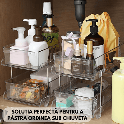 Organizator Universal Elindor®, Recipient Sertar Glisant Multifunctional 2 Nivele si Separatoare, Ideal Pentru Baie, Bucatarie, Camara, Dulap Sub Chiuveta, Sertare, Depozitare, Legume, Ustensile, Produse Curatenie, Detergent, Plastic, 31 × 23 × 19