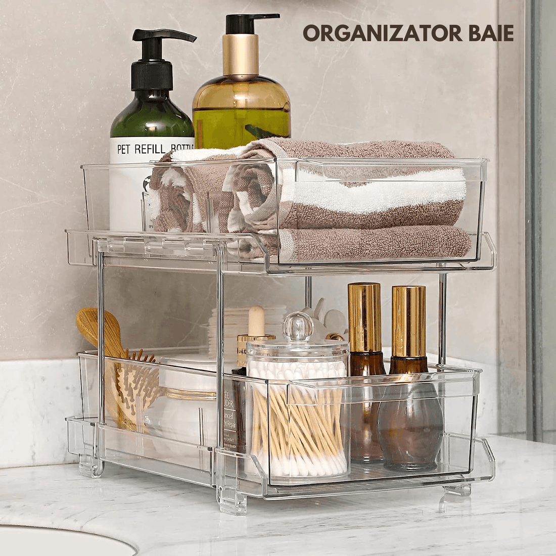 Organizator Universal Elindor®, Recipient Sertar Glisant Multifunctional 2 Nivele si Separatoare, Ideal Pentru Baie, Bucatarie, Camara, Dulap Sub Chiuveta, Sertare, Depozitare, Legume, Ustensile, Produse Curatenie, Detergent, Plastic, 31 × 23 × 19
