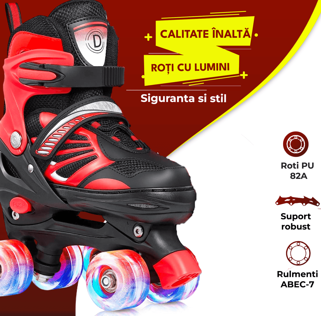 Role Reglabile M 33-37, Roți Luminoase Silicon, Rulmenți ABEC-7, Roșu/Negru