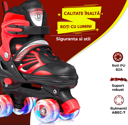 Role Reglabile M 33-37, Roți Luminoase Silicon, Rulmenți ABEC-7, Roșu/Negru