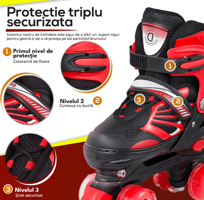 Role Reglabile M 33-37, Roți Luminoase Silicon, Rulmenți ABEC-7, Roșu/Negru