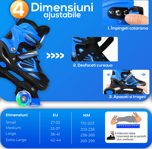 Role Reglabile S 27-32, Roți Luminoase Silicon, Rulmenți ABEC-7, Albastru/Negru