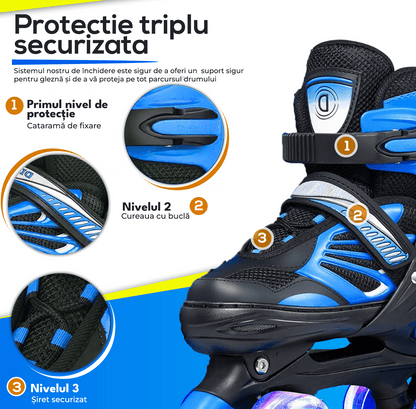 Role Reglabile M 33-37, Roți Luminoase Silicon, Rulmenți ABEC-7, Albastru/Negru