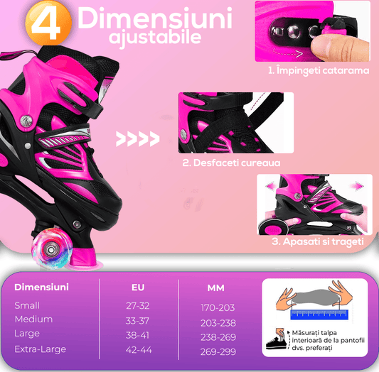 Role Reglabile M 33-37, Roți Luminoase Silicon, Rulmenți ABEC-7, Roz/Negru