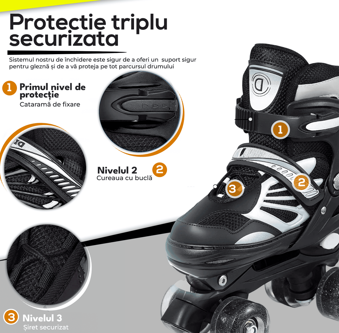 Role Reglabile L 38-41, Roți Luminoase Silicon, Rulmenți ABEC-7, Negru/Gri