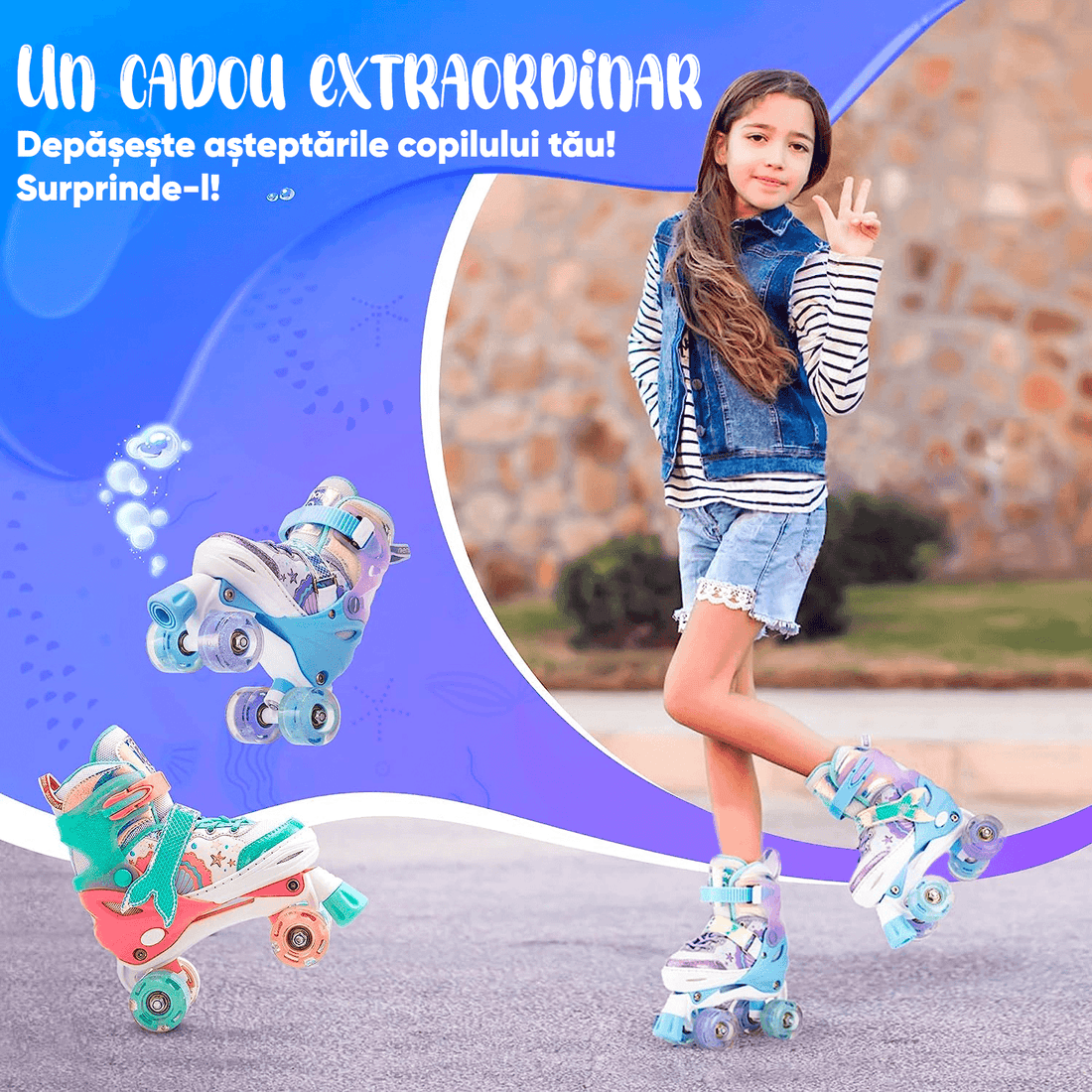 Role Reglabile M 32-37, Roți Luminoase Silicon, Rulmenți ABEC-7, Model Sirena